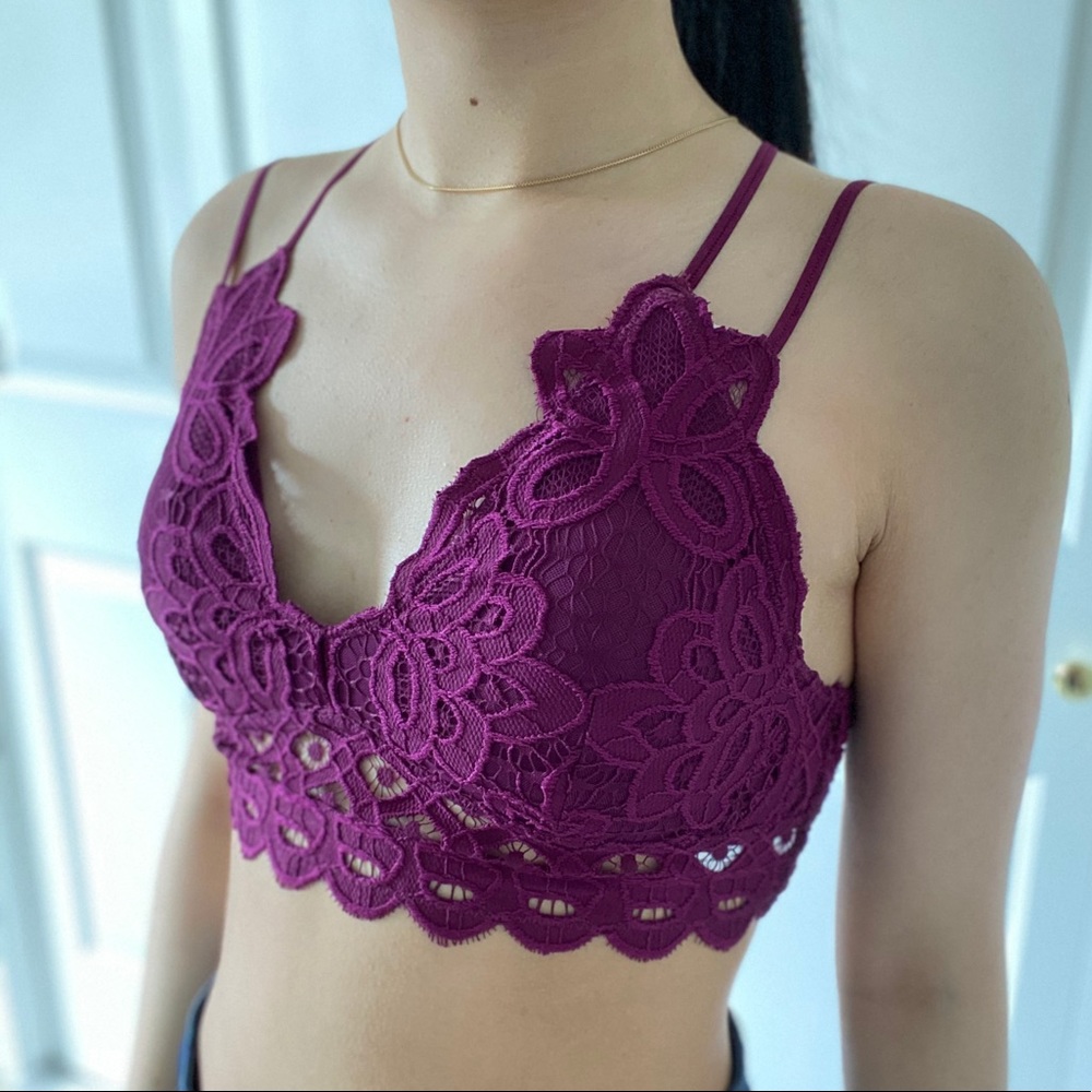 LACEY - Deep Plum Purple V Neck Criss Cross Back Lace Bralette
